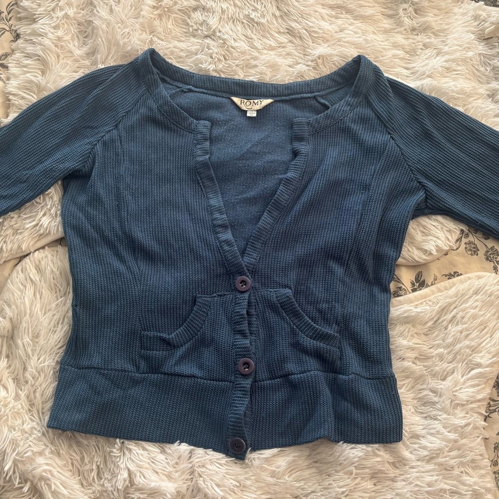 Romy Waffle Knit Cardigan Teal Blue Button front 3/4 Sleeve XL